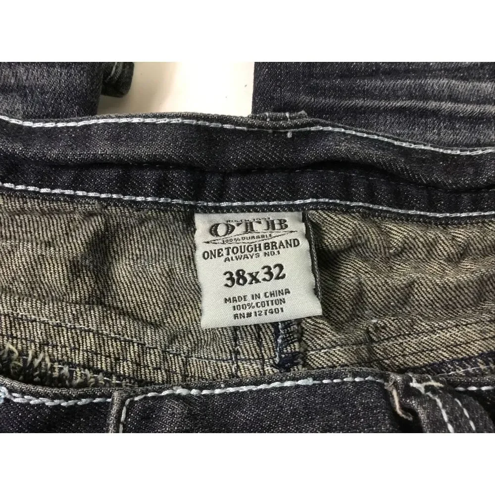 OTB Mens Jeans 38X32 Distressed embroidered StreetWear Blue denim cat whiskers - Picture 8 of 9